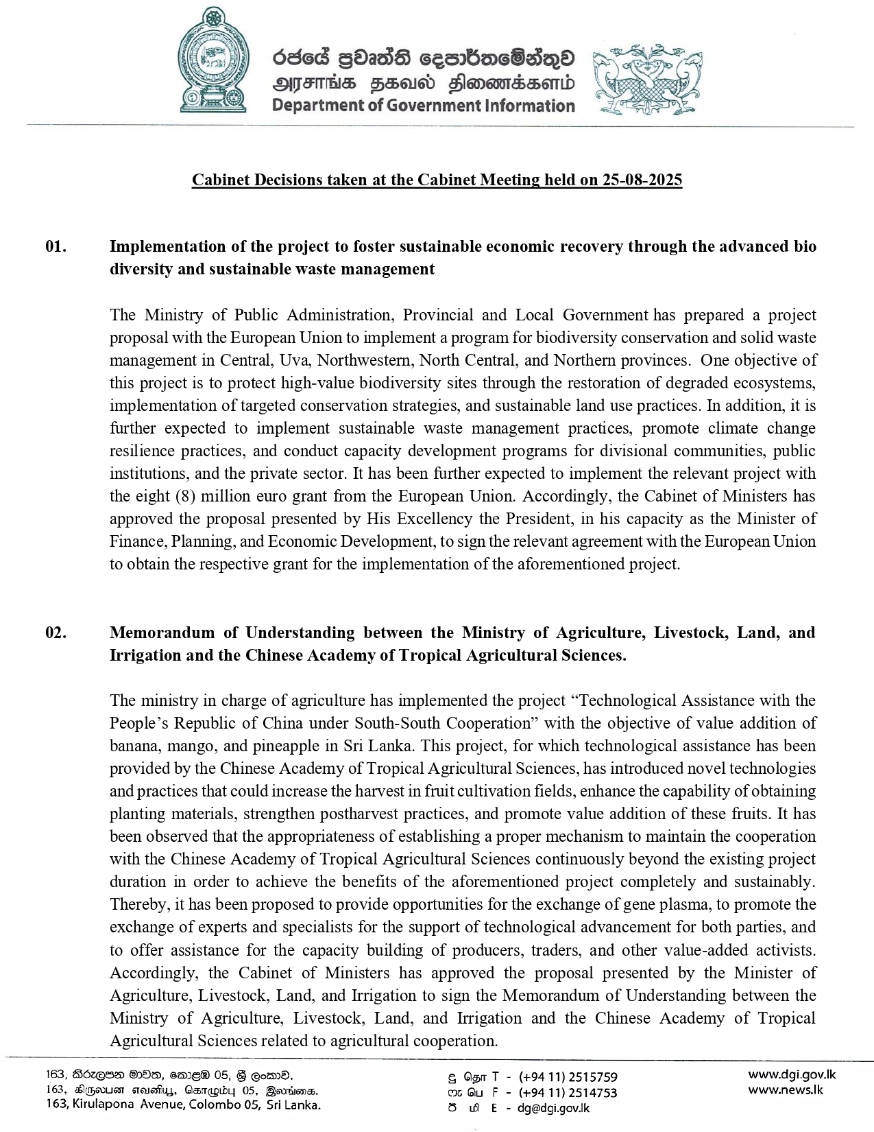 Cabinet Decisions on 25.08.2025 E page 0001