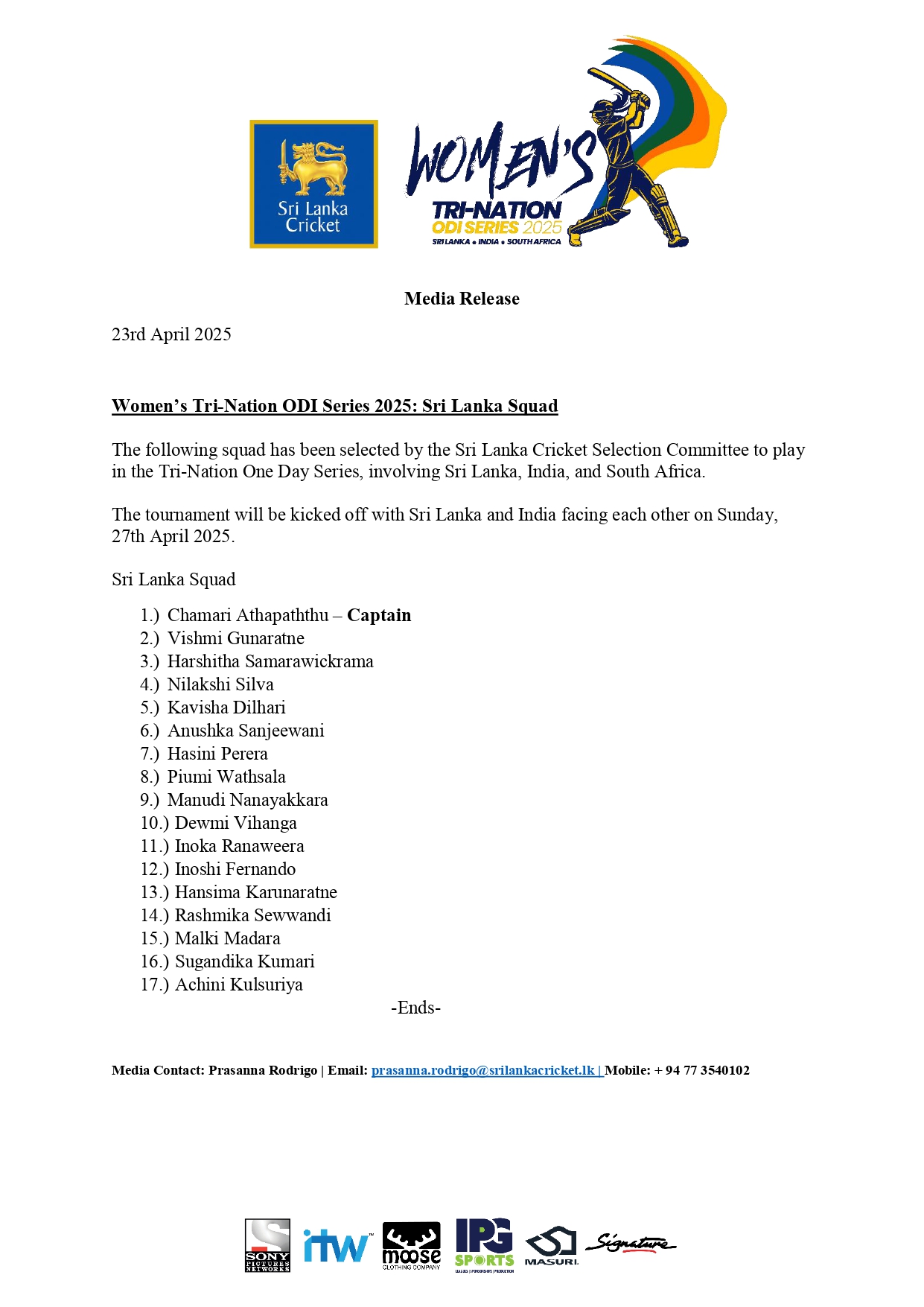 Media Release SLCM2025038 Sri Lanka National Womens Squad for the Tri Nation Series page 0001