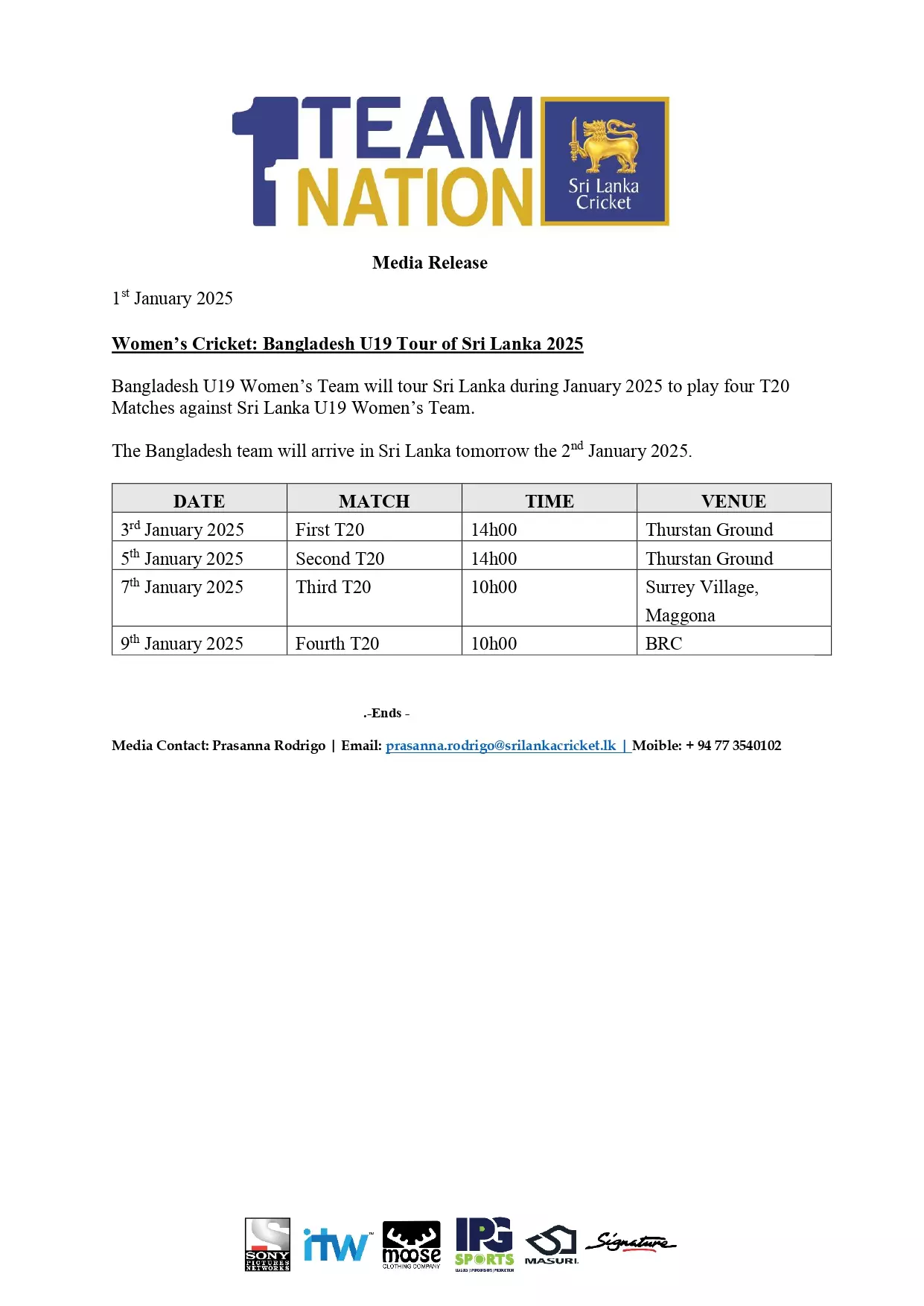 Media Release SLCM202501 Bangladesh U19 Tour of Sri Lanka 2025 page 0001
