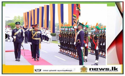 Promoted General Shavendra Silva Honoured by Elegantly-Dressed Gajaba Regiment Troops Presenting Fitting Military Salute